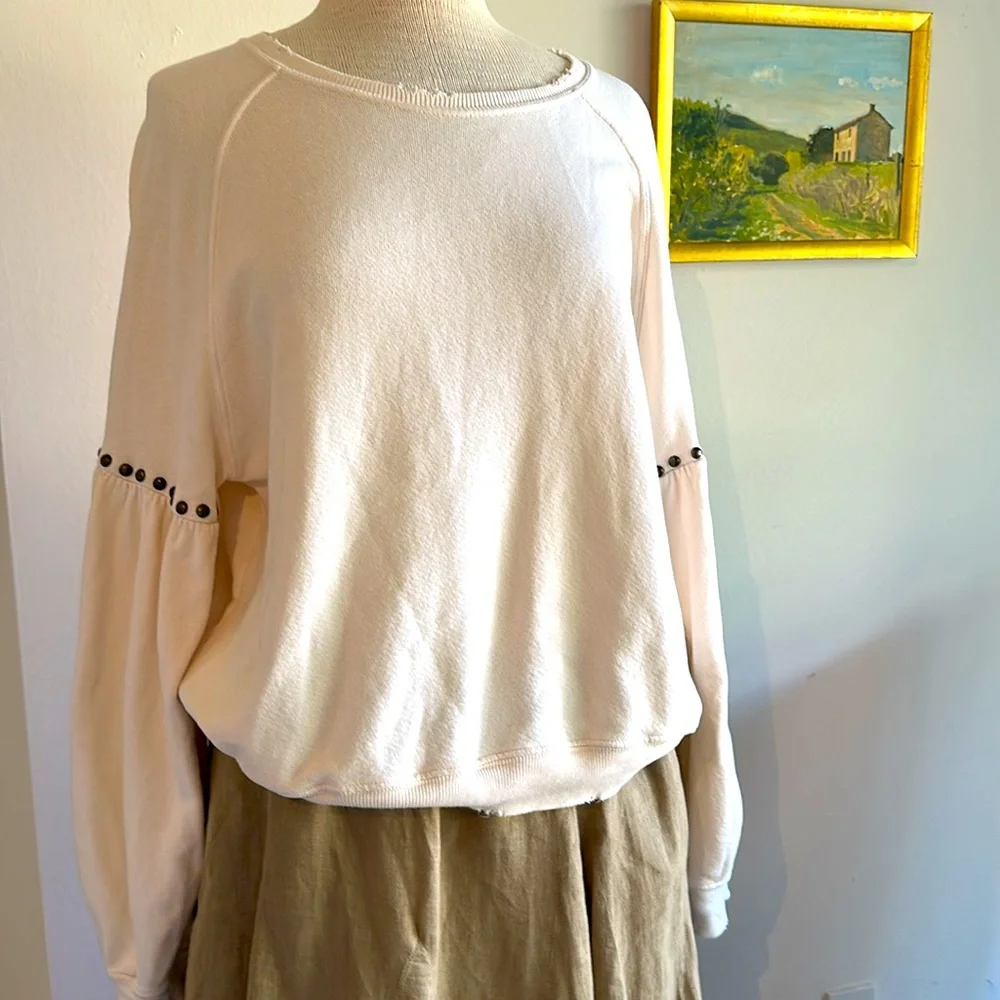 THE GREAT Distressed Sweatshirt with Studded Fancy Sleeves. Cozy 100% Cotton - Picture 2 of 8